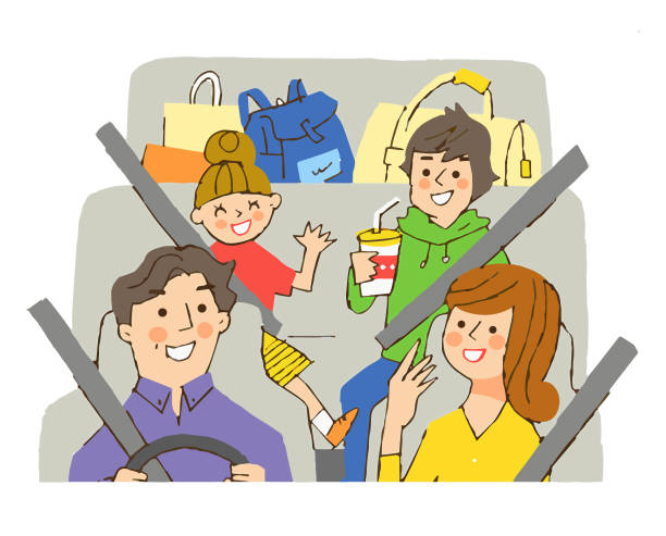 ilustraciones, imágenes clip art, dibujos animados e iconos de stock de familia hablando en coche de pasajeros - back seat illustrations