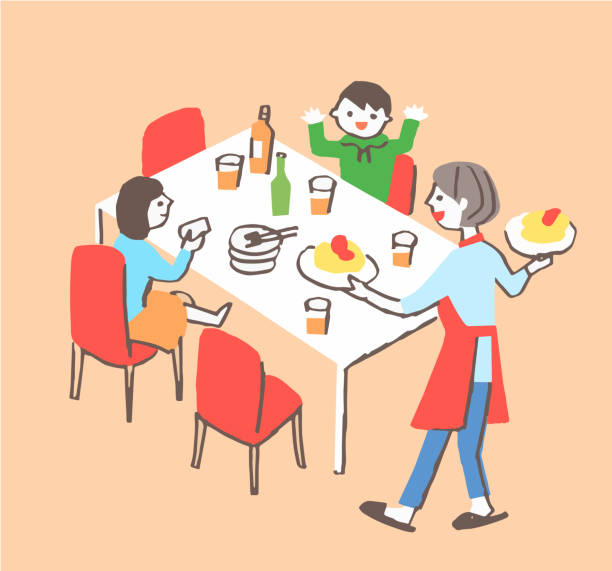 ilustraciones, imágenes clip art, dibujos animados e iconos de stock de niños que están contentos con su madre llevando arroz con tortilla a la mesa - dining table illustrations