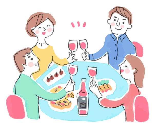 ilustraciones, imágenes clip art, dibujos animados e iconos de stock de 4 personas tosiste vino tinto en la mesa - dining table illustrations