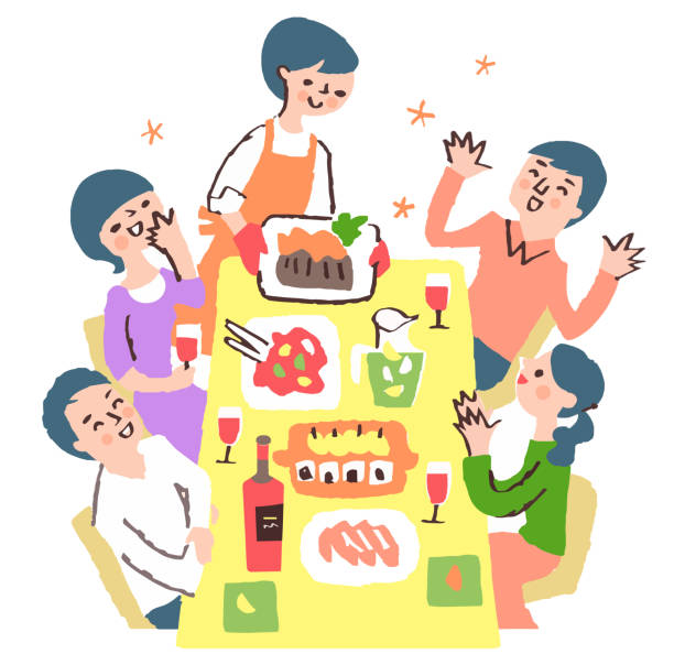 ilustraciones, imágenes clip art, dibujos animados e iconos de stock de una mesa con varios platos y gente feliz - dining table illustrations
