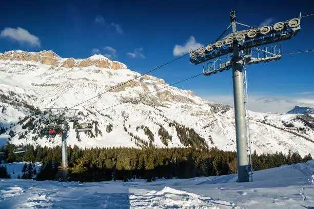 Morning view of snow valley near Canazei of Val di Fassa, Trentino-Alto-Adige region, Italy.