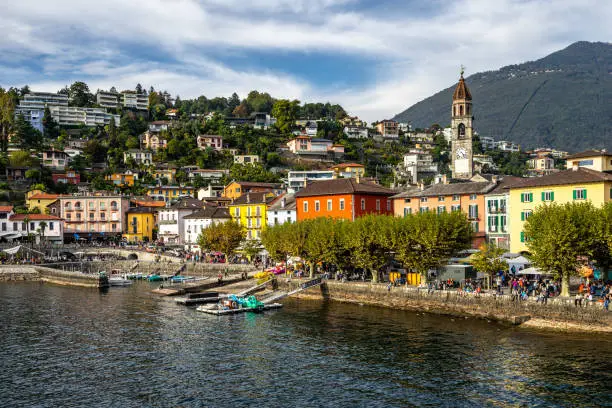 View of Ascona, a typical swiss resort town on the shores of the Lake Maggiore, Canton Ticino, Switzerland