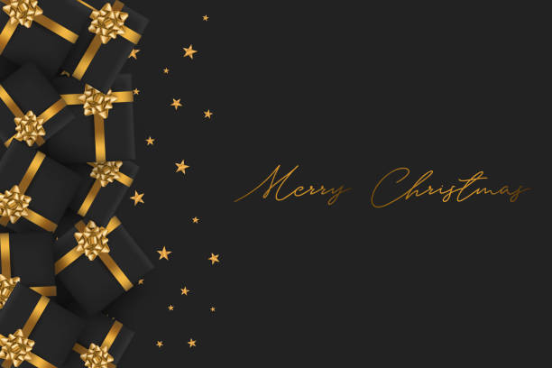 istock Merry Christmas greeting card. Black luxurious design - presents boxes with golden ribbon and bow, gold stars confetti on surface. Hand written lettering. Realistic vector illustration 1191501584