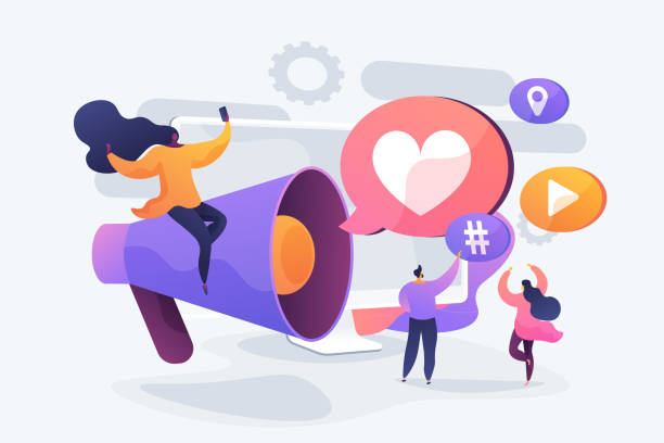 ilustraciones, imágenes clip art, dibujos animados e iconos de stock de ilustración vectorial del concepto de promoción de redes sociales - marketer