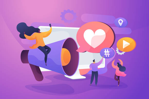 SMM management, notification flat vector illustration SMM management, notification flat vector illustration. Internet lifestyle, modern communication technology, followers engaging concept. Social media influencers with loudspeaker cartoon characters influencer stock illustrations