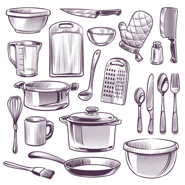 illustrazioni stock, clip art, cartoni animati e icone di tendenza di utensili da cucina. schizzo attrezzatura da cucina. padella, coltello e forchetta, cucchiaio e ciotola, tazza e vetro, tagliere doodle retro vector set - pan frying pan fried saucepan