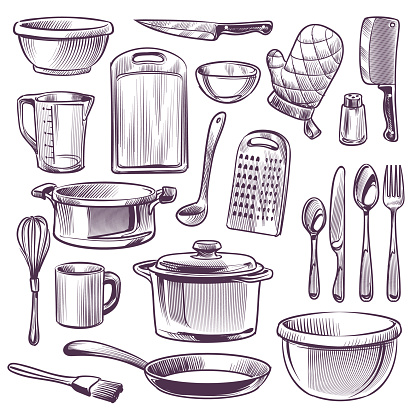 https://media.istockphoto.com/id/1191503045/vector/kitchen-utensils-sketch-cooking-equipment-frying-pan-knife-and-fork-spoon-and-bowl-cup-and.jpg?s=170667a&w=0&k=20&c=_760dVXP8gSOCg-X2tmWmYEoqnPrr06If_u2YgiRLRc=