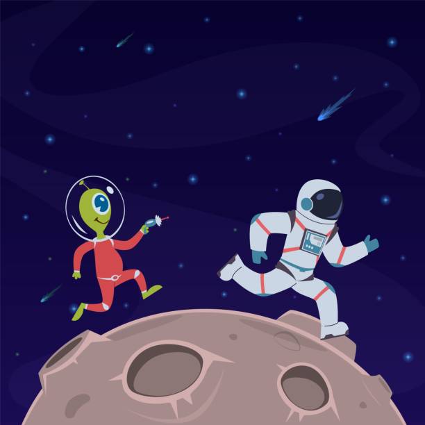 istock Astronaut and alien. Spaceman runs away from alien humanoid with blaster gun. War in space cartoon vector childish concept 1191503046