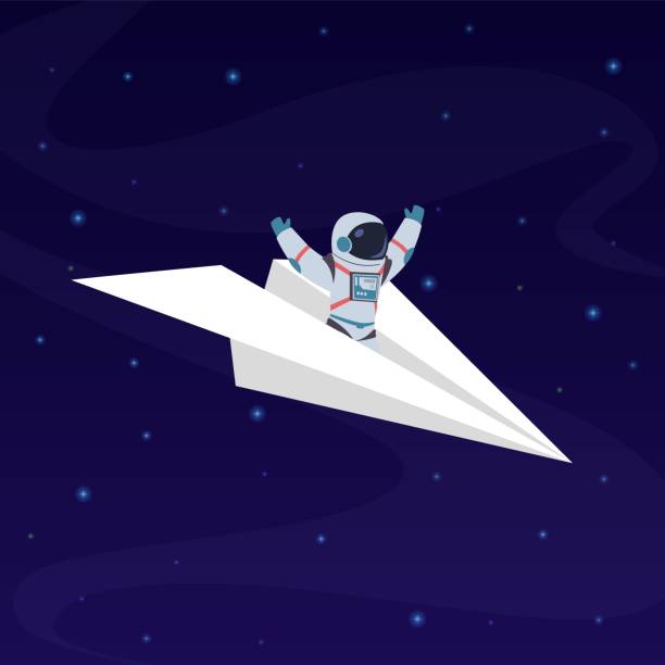 illustrations, cliparts, dessins animés et icônes de astronaute sur l'avion de papier. cosmonaute, voyageur de l'espace vole à travers la galaxie étoilée. univers explorateur, spaceman vector childish concept - art astronomy space stratosphere