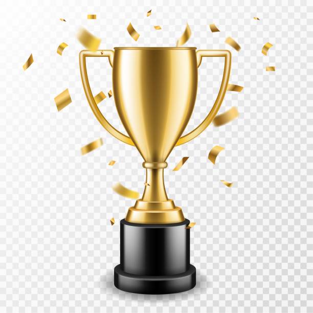 Trophy cup. Champion trophy, shiny golden cup and falling confetti, sport award. Winner prize, champions realistic vector concept Trophy cup. Champion trophy, shiny golden cup and falling confetti, sport award. Winner prize, champions realistic vector celebration winning concept wine glass knocked over stock illustrations