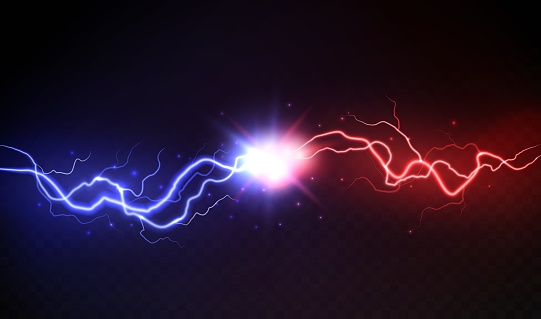 Lightning collision. Powerful colored lightnings, electric forces thunderbolt clash electrical energy sparkling blast, vector versus bright design confrontation concept