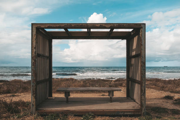 Bench with view at mediterranean sea in Paphos, Cyprus.