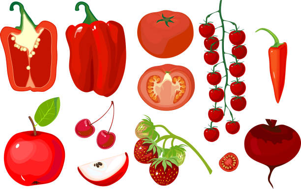 ilustraciones, imágenes clip art, dibujos animados e iconos de stock de gran conjunto de diferentes frutas y verduras rojas aisladas sobre fondo blanco - cherry tomato tomato white background vegetable