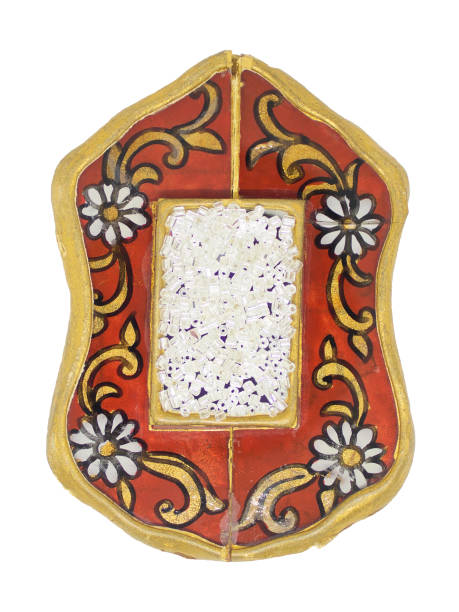 istock Vintage mirror, frame, in a rural style, on an isolated background. Red frame with white flowers and gold curls, shabby, cracked 1191507950