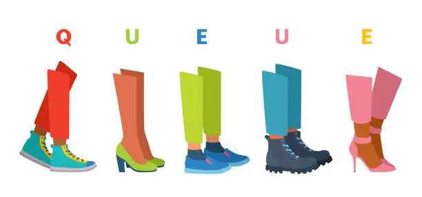 Vector illustration of People stand in line. Queue, waiting. Shoes on feet.