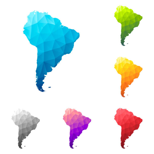South America map in Low Poly style - Colorful polygonal geometric design Set of 6 South America maps created in a Low Poly style, isolated on a blank background. Modern and trendy polygonal mosaic with beautiful color gradients (colors used: Blue, Green, Orange, Yellow, Red, Pink, Purple, Black, Gray). Vector Illustration (EPS10, well layered and grouped). Easy to edit, manipulate, resize or colorize. country geographic area stock illustrations