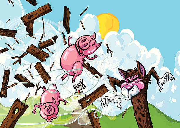cartoon der drei kleinen schweine und großes bad wolf - nursery rhyme stock-grafiken, -clipart, -cartoons und -symbole
