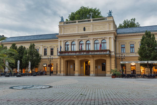 night view of mayor's office in nyiregyhaza, hungary. - photography starbucks flag sign imagens e fotografias de stock