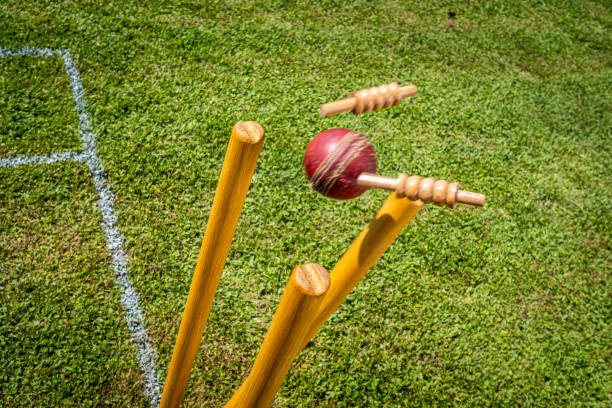 Cricket ball hitting the stumps Close-up high angle photo of a cricket ball hitting the wicket and knocking off the bails. Grass in the background. cricket stump stock pictures, royalty-free photos & images