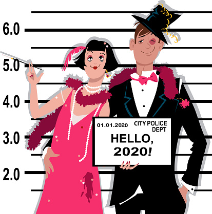 Young inebriated couple dressed in 1920s fashion stands for a mug shot at the police station, holding Hello 2020 tablet, EPS 8 vector illustration