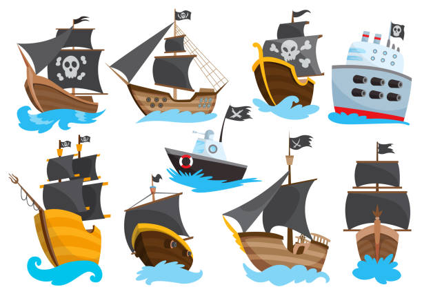 illustrazioni stock, clip art, cartoni animati e icone di tendenza di set di caccia ai pirati di legno ostruzionismo corsaro corsaro gioco icona nave cane marino, design piatto isolato. fregata a colori. illustrazione vettoriale - buccaneer