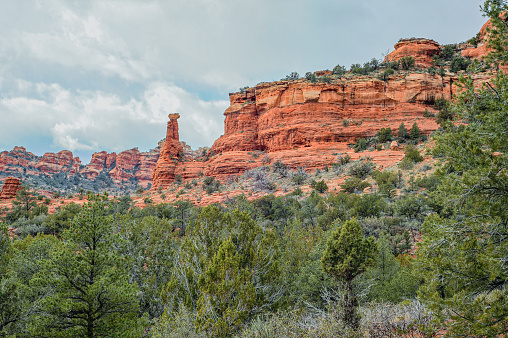 Red mountains and green evergreen trees found in the red rocks near Sedona, Arizona