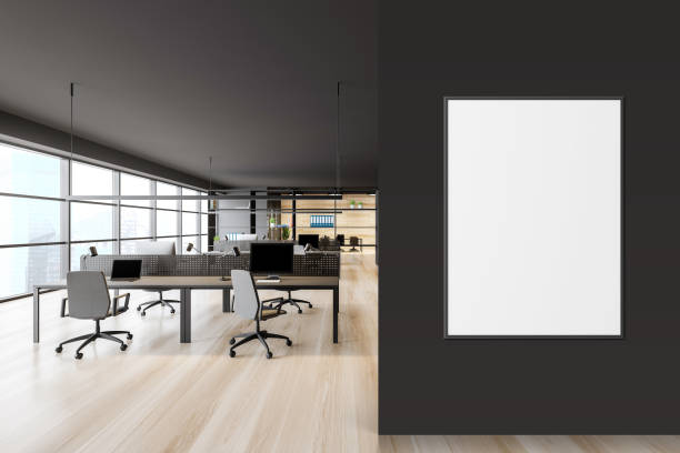 istock Dark gray open space office with mock up poster 1191521764