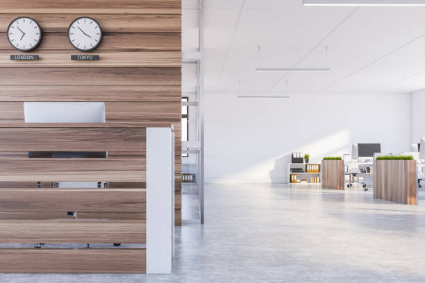 istock Waiting room interior in white office, reception 1191522711