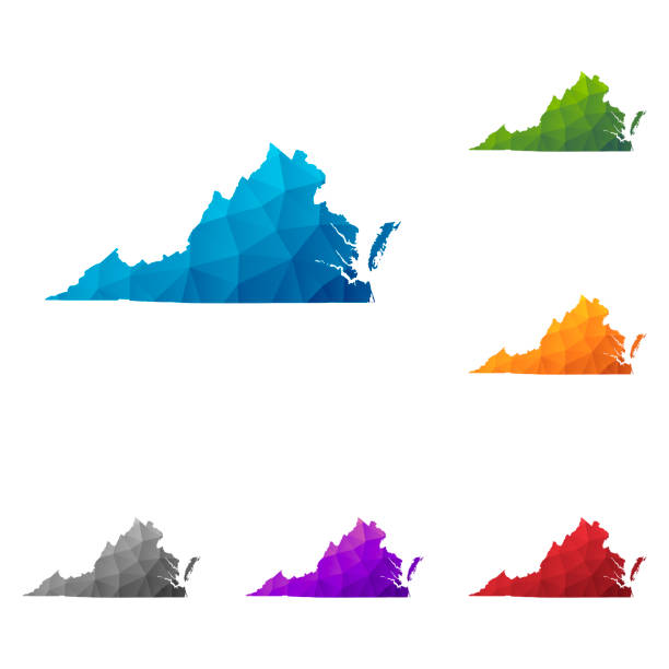 Virginia map in Low Poly style - Colorful polygonal geometric design Set of 6 Virginia maps created in a Low Poly style, isolated on a blank background. Modern and trendy polygonal mosaic with beautiful color gradients (colors used: Blue, Green, Orange, Yellow, Red, Pink, Purple, Black, Gray). Vector Illustration (EPS10, well layered and grouped). Easy to edit, manipulate, resize or colorize. virginia us state stock illustrations