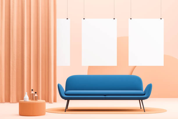 istock Peach living room, blue sofa and poster gallery 1191523968