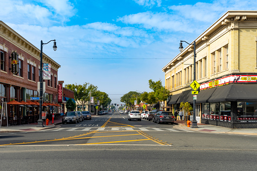 Orange, CA / USA - November 14, 2019: A view of the old town district looking west to Chapman Ave in The City of Orange, California.