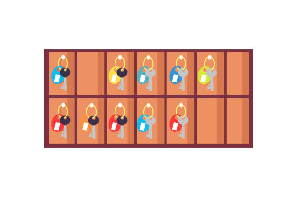 Locker With Keys Icon Vector Illustration Locker with keys for rooms with colorful trinkets hanged on hooks. Vector illustration of hotel locker isolated on white background key package stock illustrations