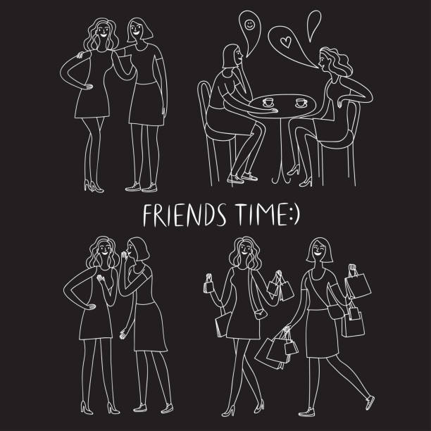 illustrazioni stock, clip art, cartoni animati e icone di tendenza di happy girls friends doodle impostato su sfondo nero. - bar women silhouette child