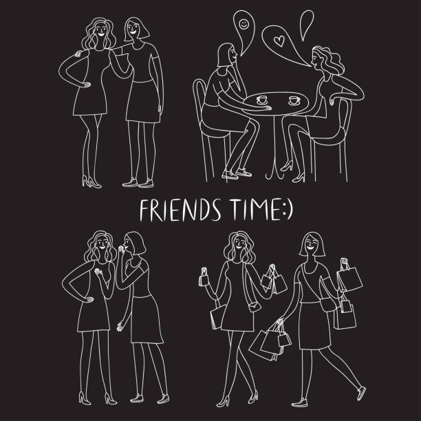 Happy Girls Friends Doodle Set On Black Background Stock Illustration - Download Image Now - iStock Happy Girls Friends Doodle Set On Black Background Stock Illustration - Download Image Now - iStock
