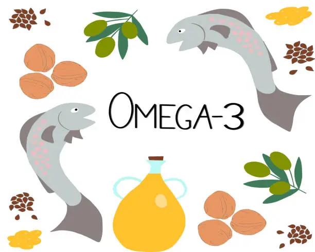 Vector illustration of Vector Omega-3 products and the inscription omega-3 in the center.