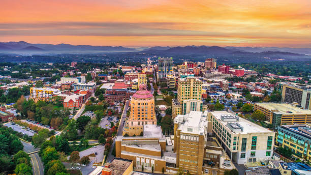 Downtown Asheville North Carolina NC Skyline Aerial Downtown Asheville North Carolina NC Skyline Aerial. blue ridge parkway stock pictures, royalty-free photos & images