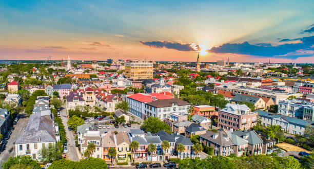 Downtown Charleston South Carolina Skyline Aerial Downtown Charleston South Carolina Skyline Aerial. church photos stock pictures, royalty-free photos & images