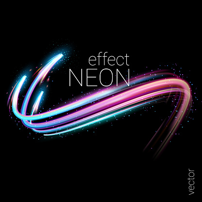 Vortex streams of neon light. Lines in the shape of a comet against a dark background. Radial color spirals. The effect of energy and speed. Vector. Template for banners, brochures, cards.