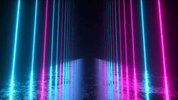 istock Endless corridor with neon lines tending down. Metal reflective scratched floor. 3d illustration. Modern colorful neon light spectrum 1191537703