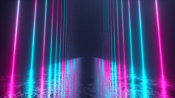 istock Endless corridor with neon lines tending down. Metal reflective scratched floor. 3d illustration. Modern colorful neon light spectrum 1191537730