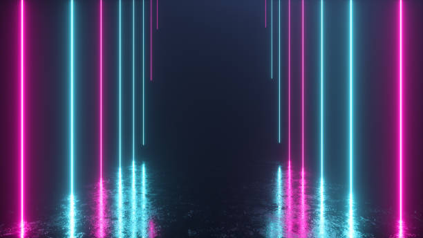 istock Endless corridor with neon lines tending down. Metal reflective scratched floor. 3d illustration. Modern colorful neon light spectrum 1191537744