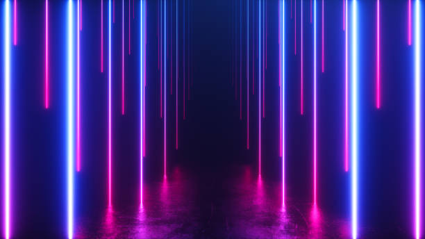 istock Endless corridor with neon lines tending down. Metal reflective scratched floor. 3d illustration. Modern colorful neon light spectrum 1191537774