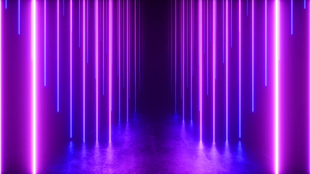 istock Endless corridor with neon lines tending down. Metal reflective scratched floor. 3d illustration. Modern colorful neon light spectrum 1191537797