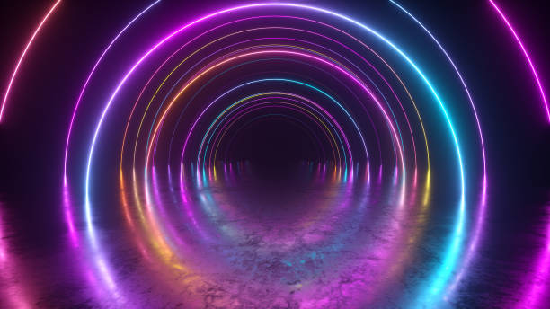 istock Infinity flight inside tunnel, neon light abstract background, round arcade, portal, rings, circles, virtual reality, ultraviolet spectrum, laser show, metal floor reflection. 3d illustration 1191537912