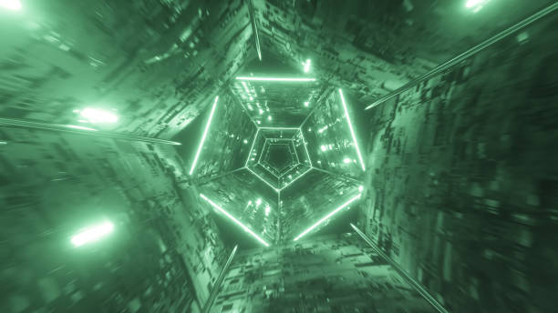 istock Endless flight in a futuristic technological digital neon tunnel in space. Green lighting. 3d illustration 1191537932
