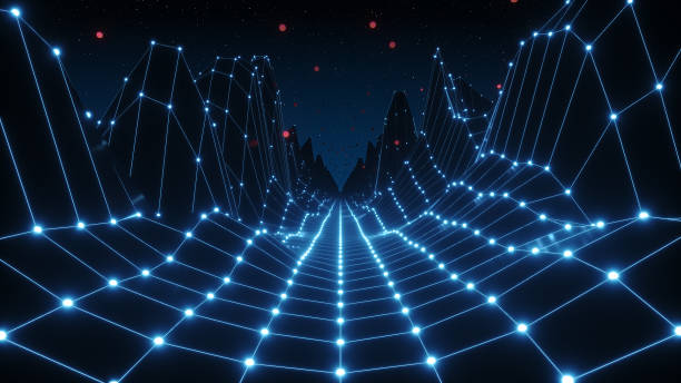 istock Retro futuristic flight in space with a polygonal mesh on the generated hills and floor. Concept 80s 90s. Fantastic abstract neon background. 3d illustration 1191538030