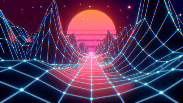 istock Retro futuristic flight in space with a polygonal mesh on the generated hills and floor. Concept 80s 90s. Fantastic abstract neon background. 3d illustration 1191538031