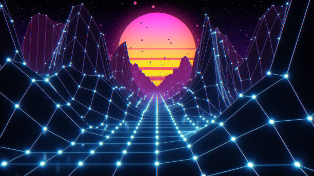 istock Retro futuristic flight in space with a polygonal mesh on the generated hills and floor. Concept 80s 90s. Fantastic abstract neon background. 3d illustration 1191538044