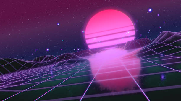 istock Retro futuristic flight in space with a polygonal mesh on the generated hills and floor. Concept 80s 90s. Fantastic abstract neon background. Camera tilted, Dutch corner. 3d illustration 1191538062