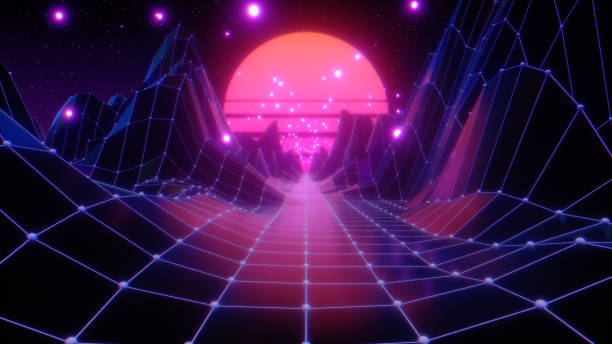 istock Retro futuristic flight in space with a polygonal mesh on the generated hills and floor. Concept 80s 90s. Fantastic abstract neon background. 3d illustration 1191538063